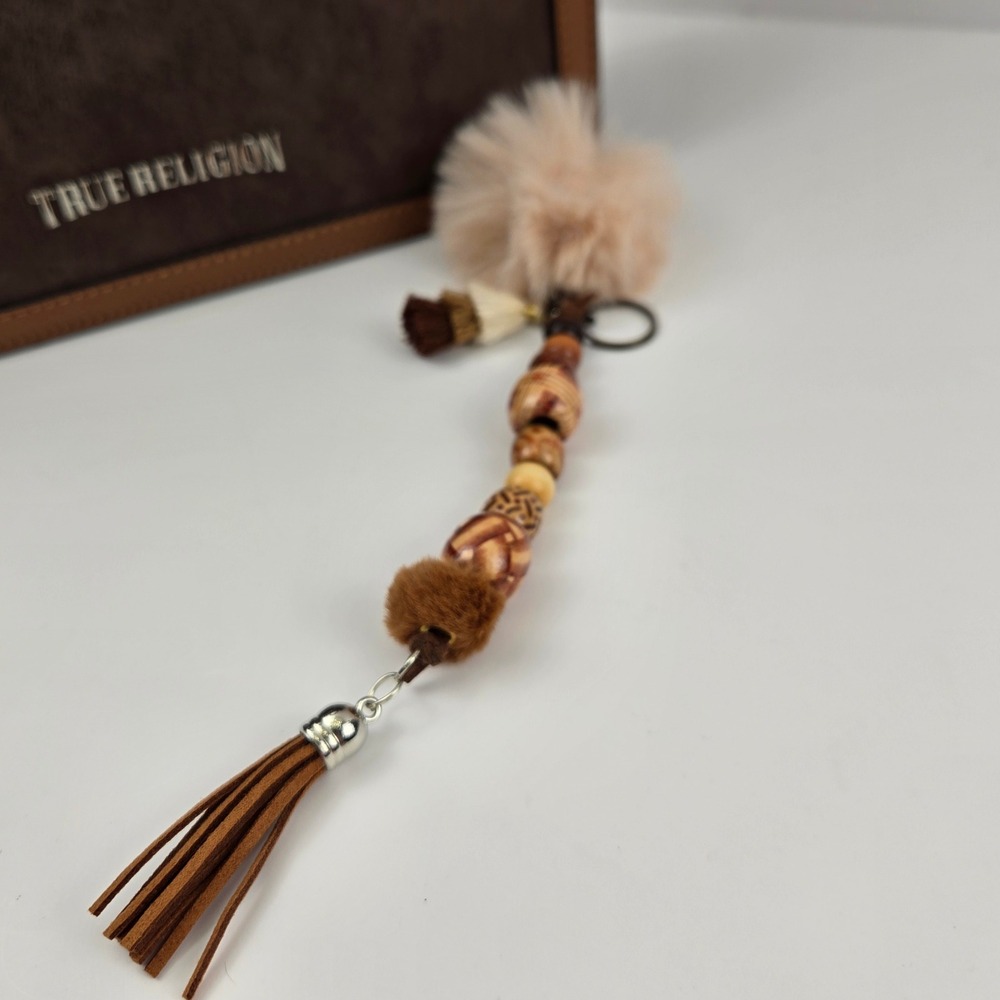 Boho Faux Fur Pom Pom Wooden Bead Tassel Bag Charm Keychain Brown Tan Eclectic